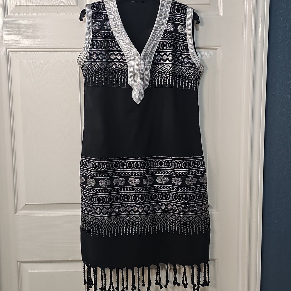 Vintage Rare Ornate Hamsa Metallic Thread Black Tunic Dress Small/Med